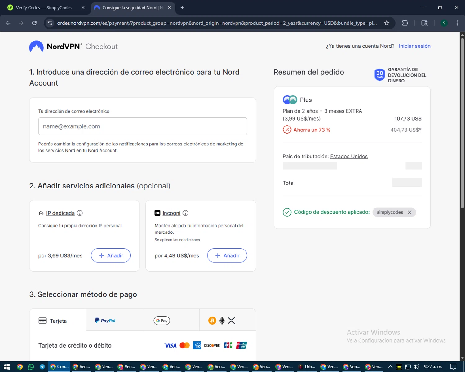 NordVPN discount code screenshot showing code SIMPLYCODES applied at NordVPN checkout page. Uploaded by SimplyCodes community member lilMosey on Aug 25, 2025