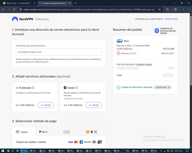 NordVPN checkout page showing NordVPN discount code box | Screenshot taken by SimplyCodes community member on Aug 25, 2025