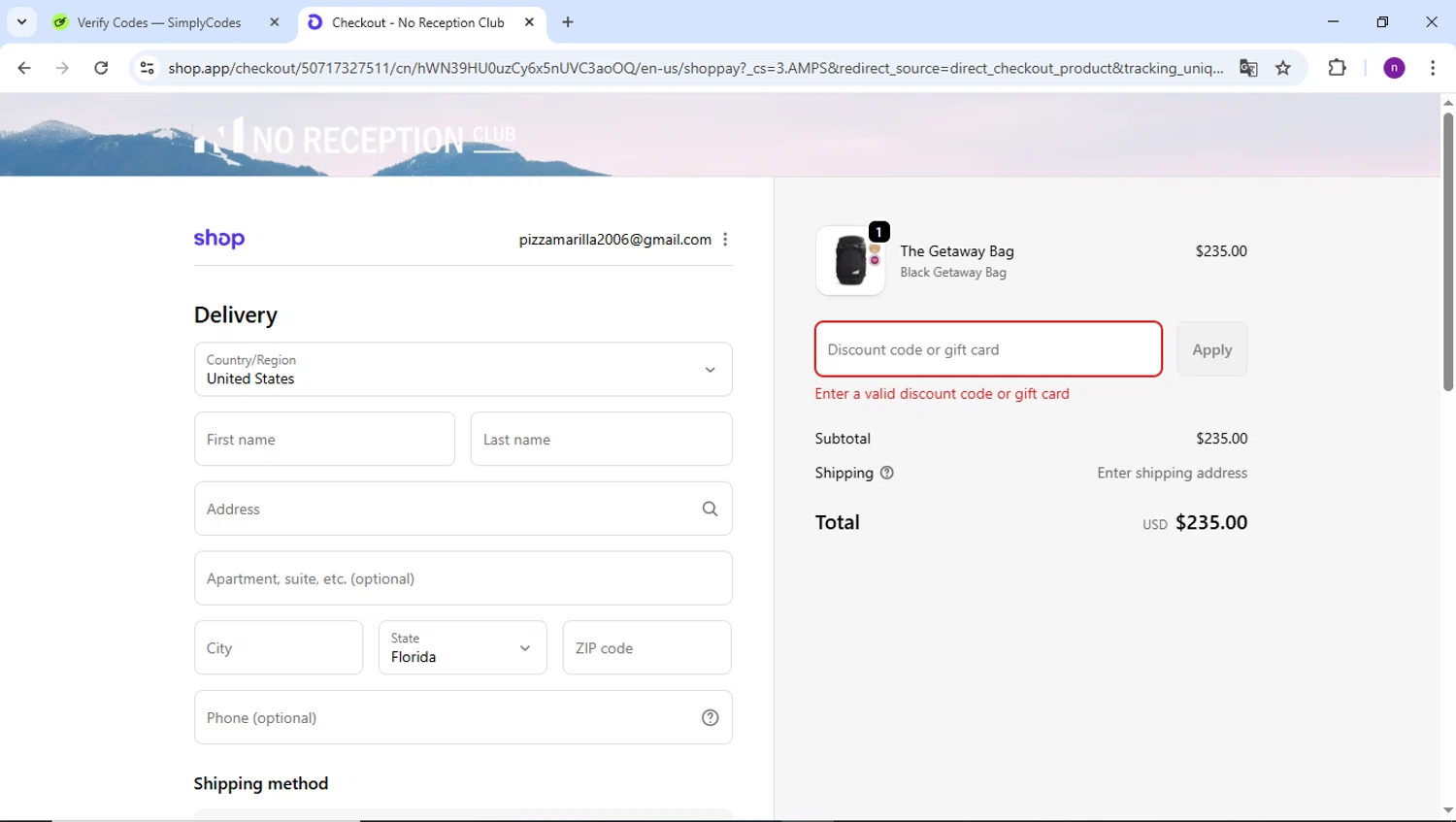 No Reception Club discount code screenshot showing code JESSICA20 applied at No Reception Club checkout page. Uploaded by SimplyCodes community member AVAMUSTANG on Sep 19, 2025