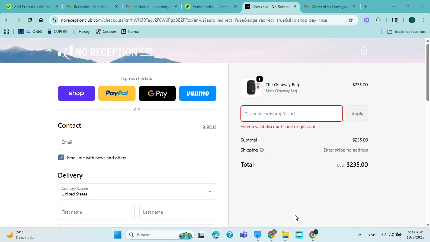 No Reception Club discount code screenshot showing code JESSICA20 applied at No Reception Club checkout page. Uploaded by SimplyCodes community member jorgejavierherrera on Sep 19, 2025