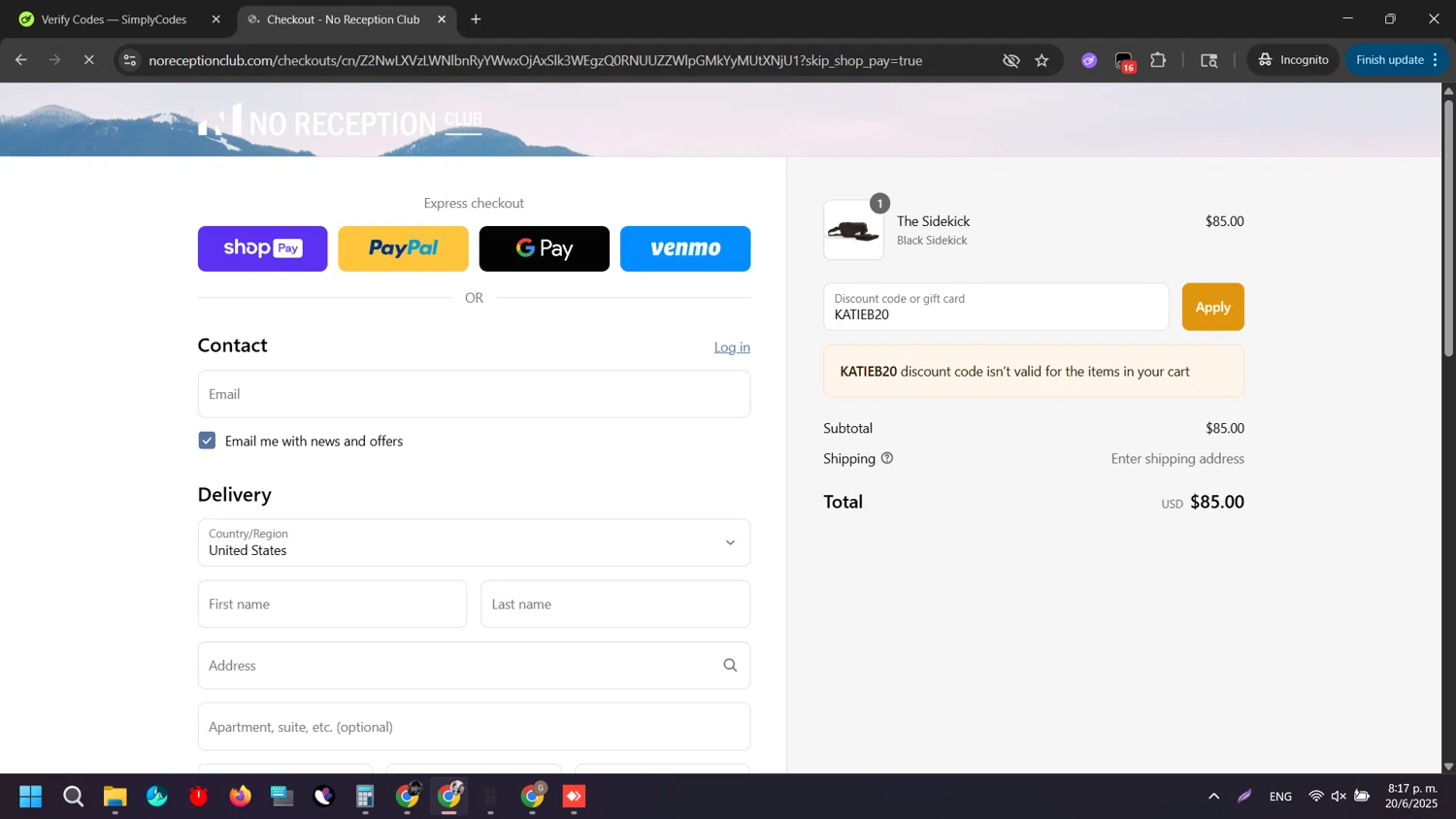 No Reception Club discount code screenshot showing code KATIEB20 applied at No Reception Club checkout page. Uploaded by SimplyCodes community member SilverAdmiral2559 on Jun 21, 2025