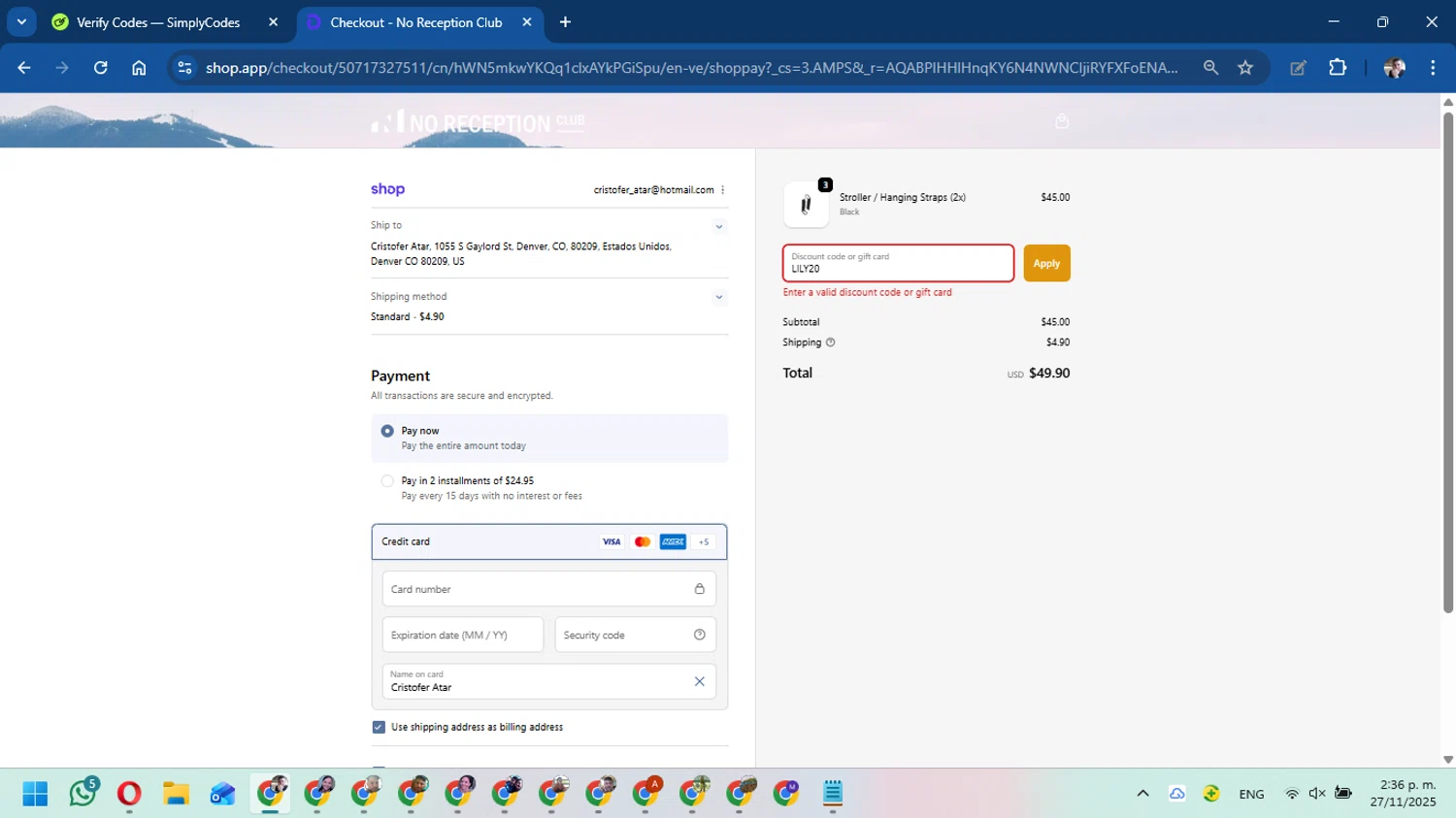 No Reception Club discount code screenshot showing code LILY20 applied at No Reception Club checkout page. Uploaded by SimplyCodes community member DavidMGF on Nov 27, 2025