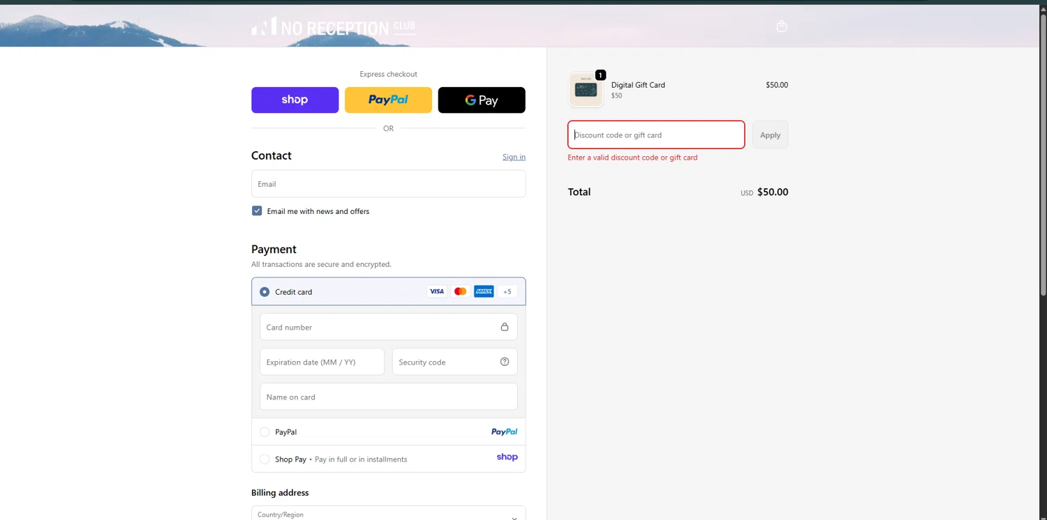 No Reception Club discount code screenshot showing code LILY20 applied at No Reception Club checkout page. Uploaded by SimplyCodes community member ValiantSleuth7563 on Nov 27, 2025