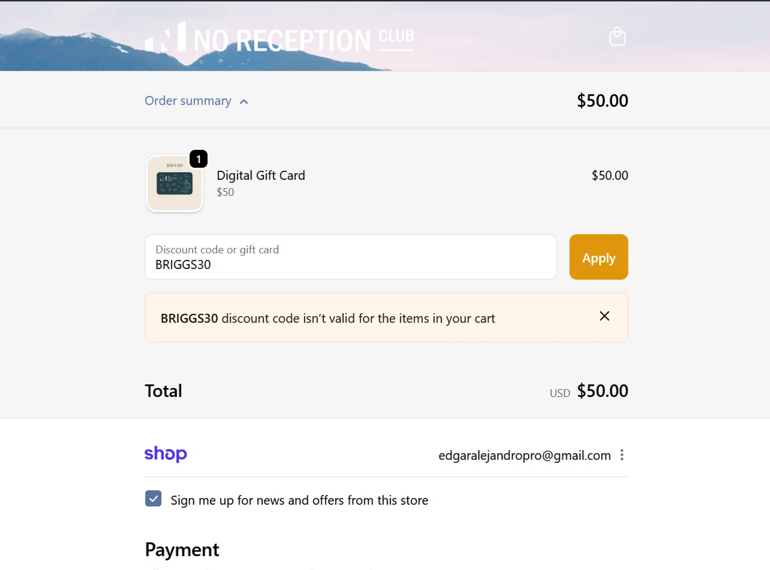 No Reception Club discount code screenshot showing code BRIGGS30 applied at No Reception Club checkout page. Uploaded by SimplyCodes community member ValiantLion5897 on Oct 1, 2025