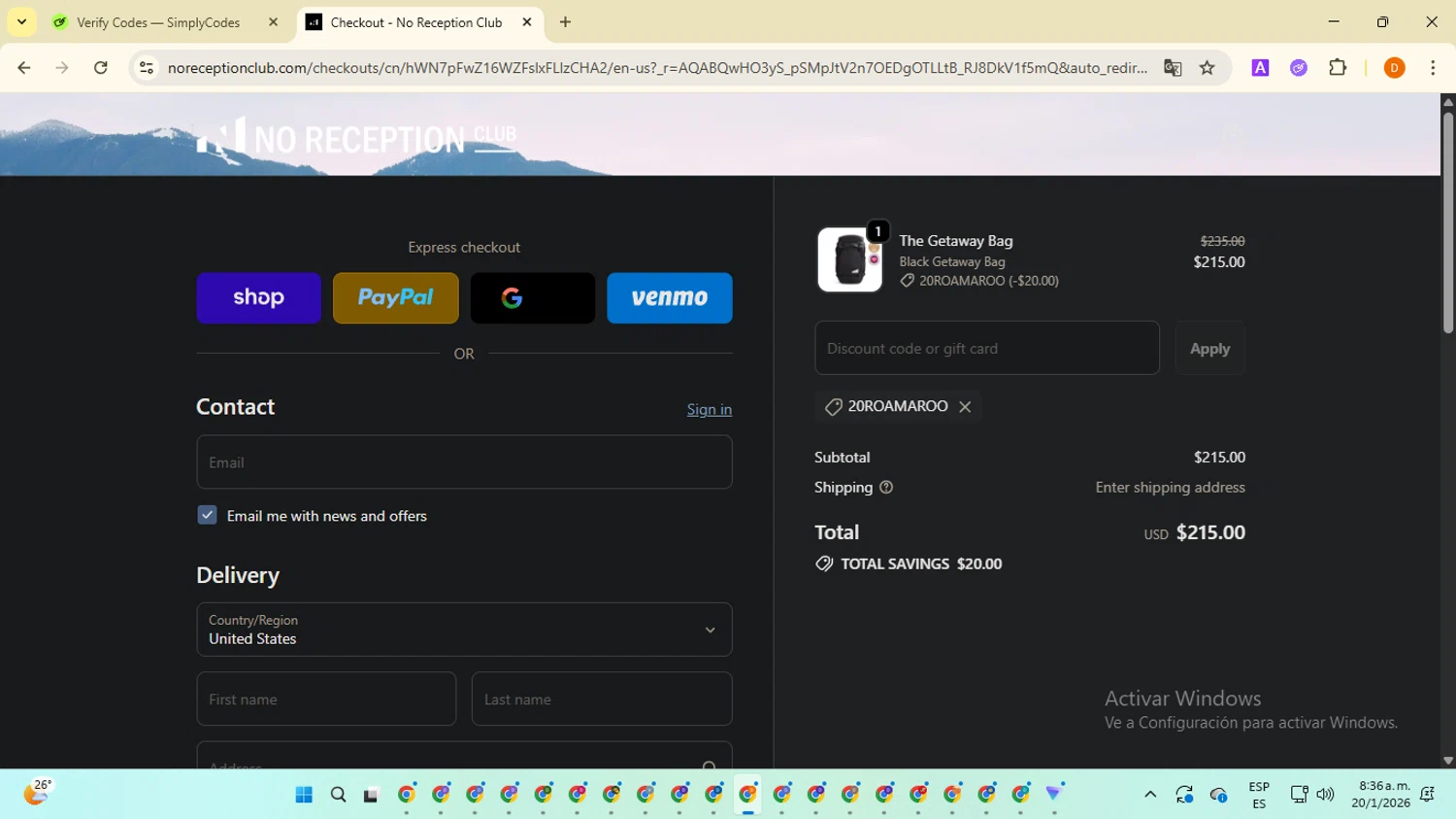 No Reception Club discount code screenshot showing code 20ROAMAROO applied at No Reception Club checkout page. Uploaded by SimplyCodes community member SavingsMaverick3203 on Jan 20, 2026