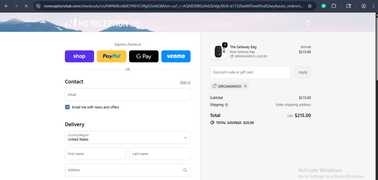 No Reception Club discount code screenshot showing code 20ROAMAROO applied at No Reception Club checkout page. Uploaded by SimplyCodes community member xaswqe on Dec 8, 2025