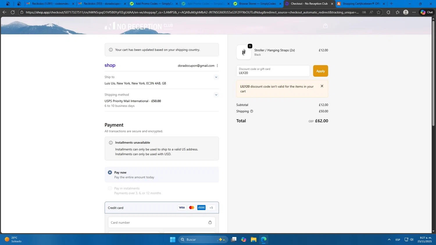 No Reception Club discount code screenshot showing code LILY20 applied at No Reception Club checkout page. Uploaded by SimplyCodes community member Mdeoca on Nov 23, 2025