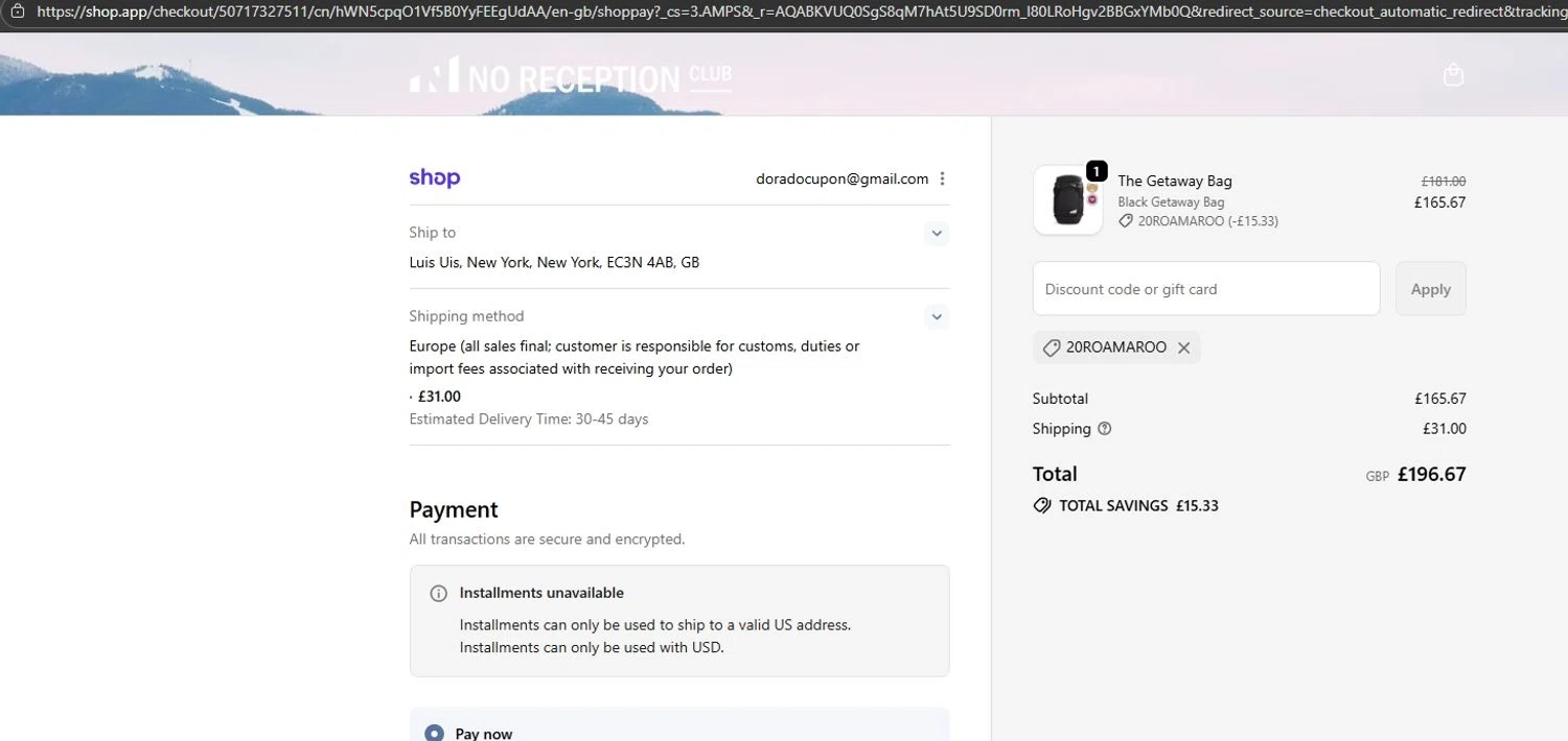 No Reception Club discount code screenshot showing code 20ROAMAROO applied at No Reception Club checkout page. Uploaded by SimplyCodes community member Mdeoca on Nov 29, 2025