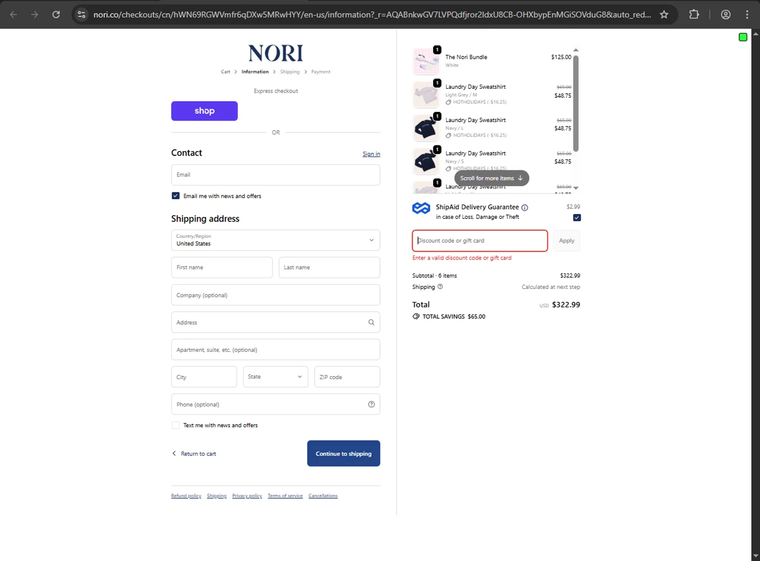 Nori Press discount code screenshot showing code Freeship applied at Nori Press checkout page. Uploaded by SimplyCodes community member verify_codes on Dec 7, 2025