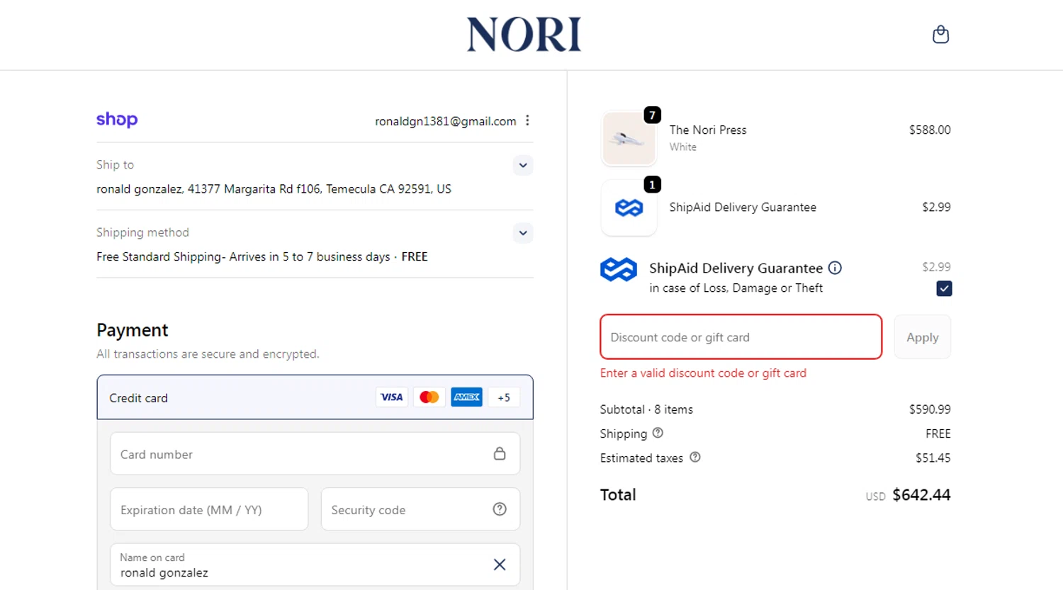 Nori Press discount code screenshot showing code HOLLY15 applied at Nori Press checkout page. Uploaded by SimplyCodes community member Ronald on Dec 7, 2025