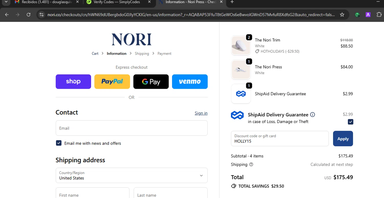 Nori Press discount code screenshot showing code HOLLY15 applied at Nori Press checkout page. Uploaded by SimplyCodes community member WiseLegend5590 on Dec 7, 2025