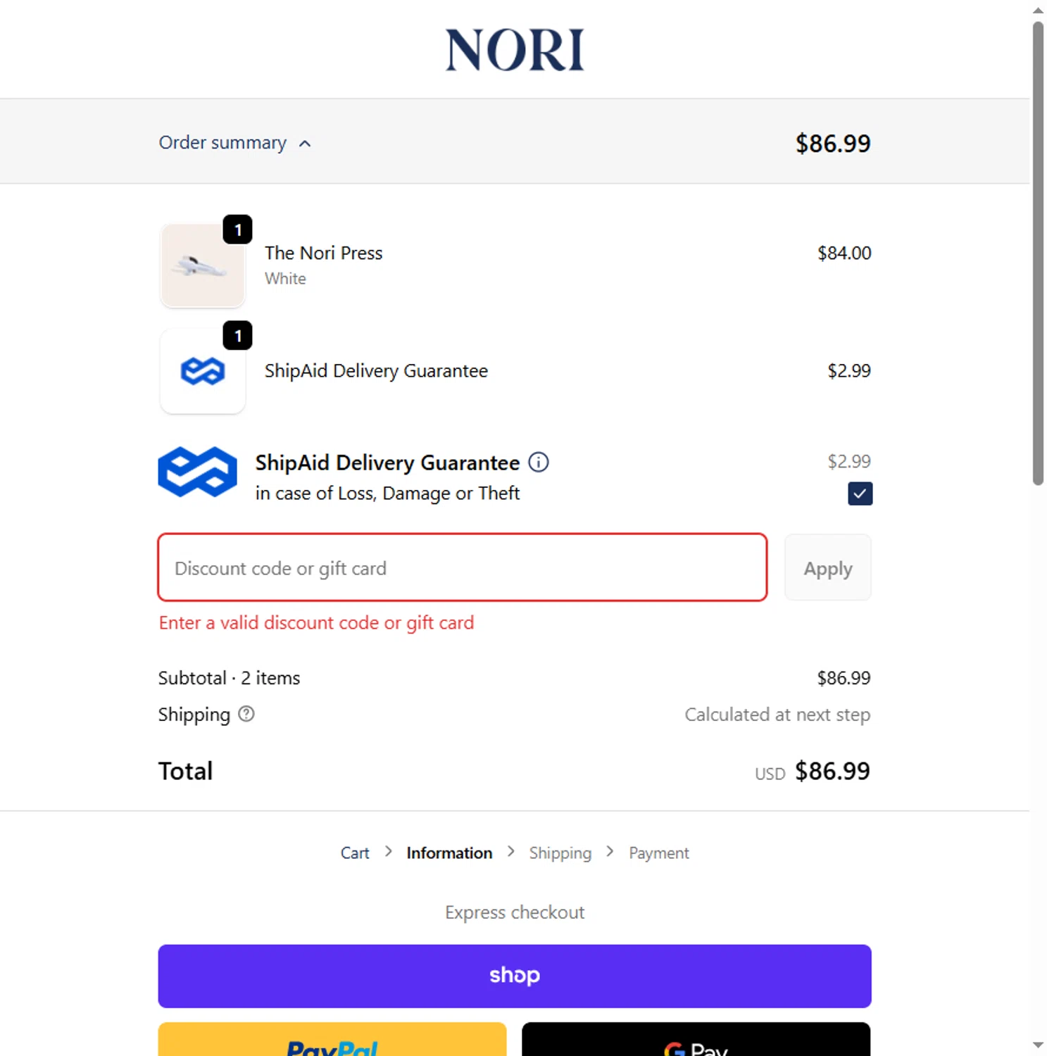 Nori Press discount code screenshot showing code ELIZABETH15 applied at Nori Press checkout page. Uploaded by SimplyCodes community member CleverHunter8386 on Dec 7, 2025