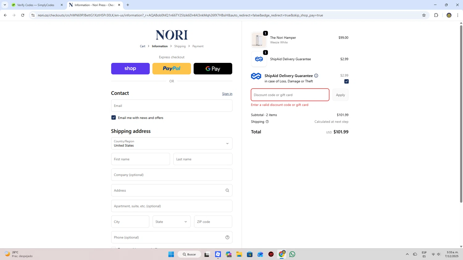Nori Press discount code screenshot showing code ELIZABETH15 applied at Nori Press checkout page. Uploaded by SimplyCodes community member WonderLion2189 on Dec 7, 2025