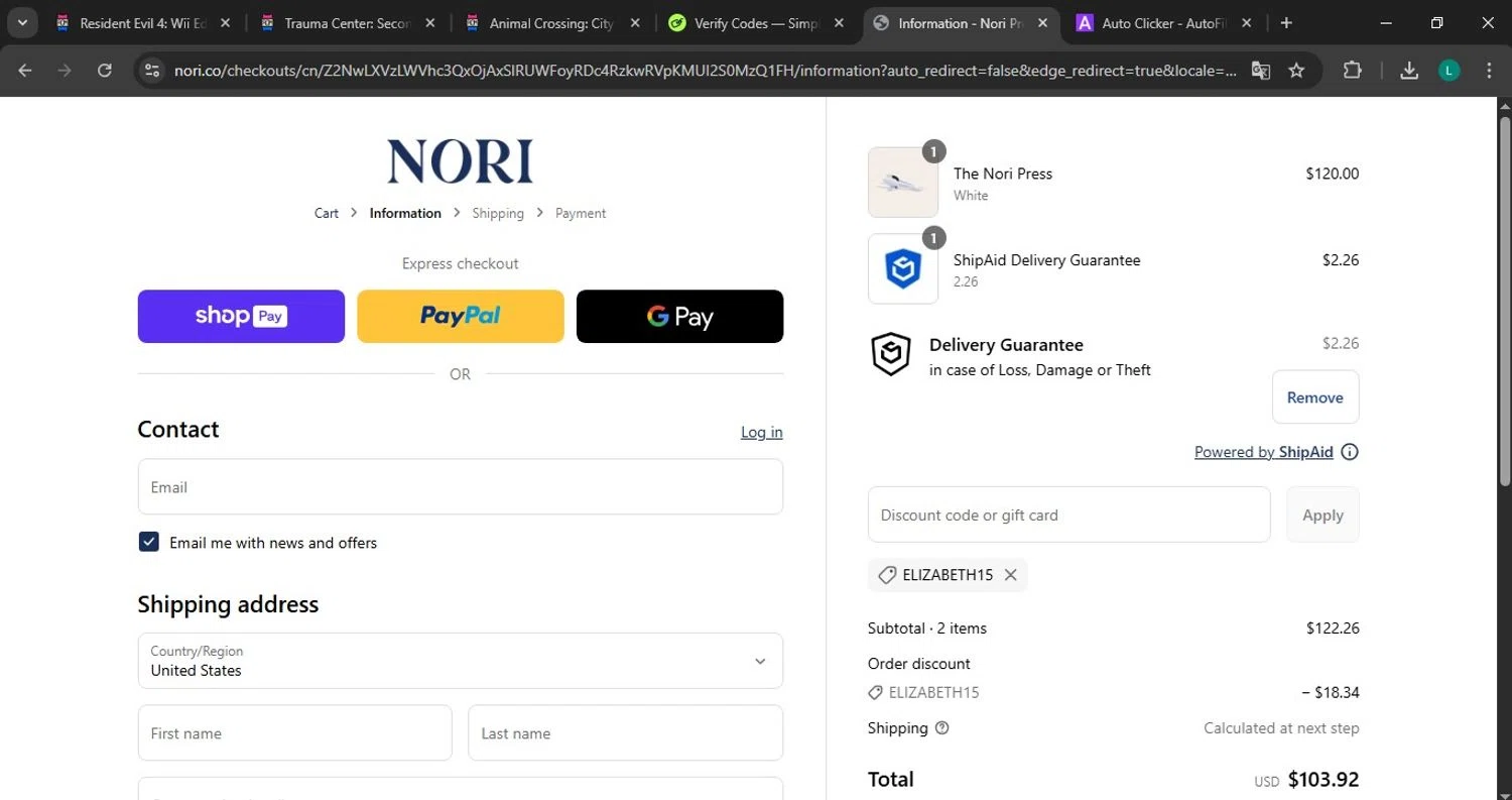 Nori Press discount code screenshot showing code ELIZABETH15 applied at Nori Press checkout page. Uploaded by SimplyCodes community member MoneyExpert4917 on May 9, 2025