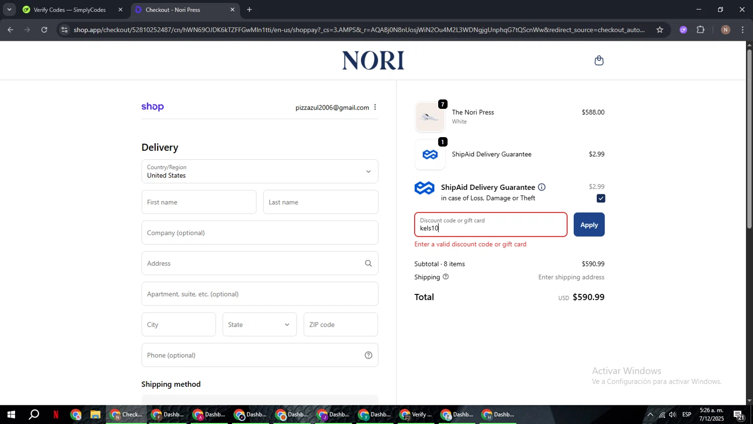 Nori Press discount code screenshot showing code kels10 applied at Nori Press checkout page. Uploaded by SimplyCodes community member DiscountPioneer2554 on Dec 7, 2025