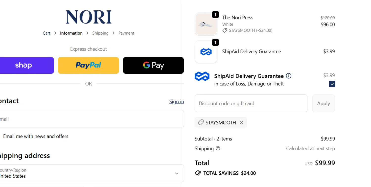 Nori Press discount code screenshot showing code STAYSMOOTH applied at Nori Press checkout page. Uploaded by SimplyCodes community member Quemiras on Dec 21, 2025