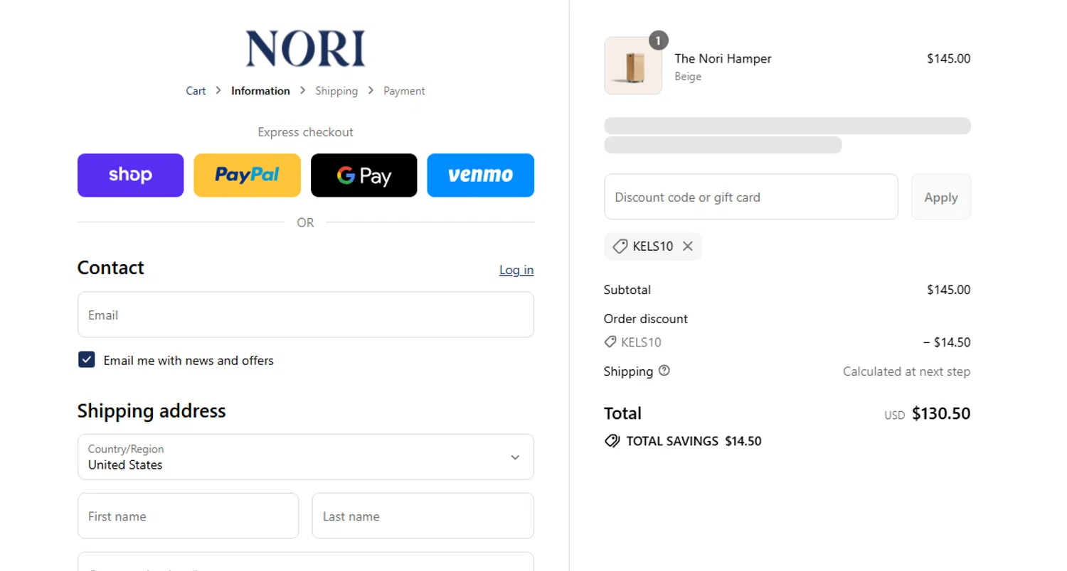 Nori Press discount code screenshot showing code kels10 applied at Nori Press checkout page. Uploaded by SimplyCodes community member shark12 on Sep 7, 2025