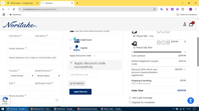 Noritake checkout page showing Noritake discount code box | Screenshot taken by SimplyCodes community member on Jul 9, 2025