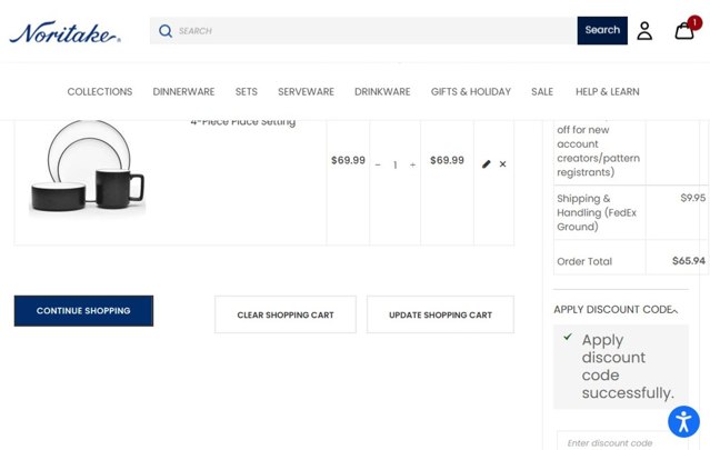 Noritake checkout page showing Noritake discount code box | Screenshot taken by SimplyCodes community member on Sep 1, 2025