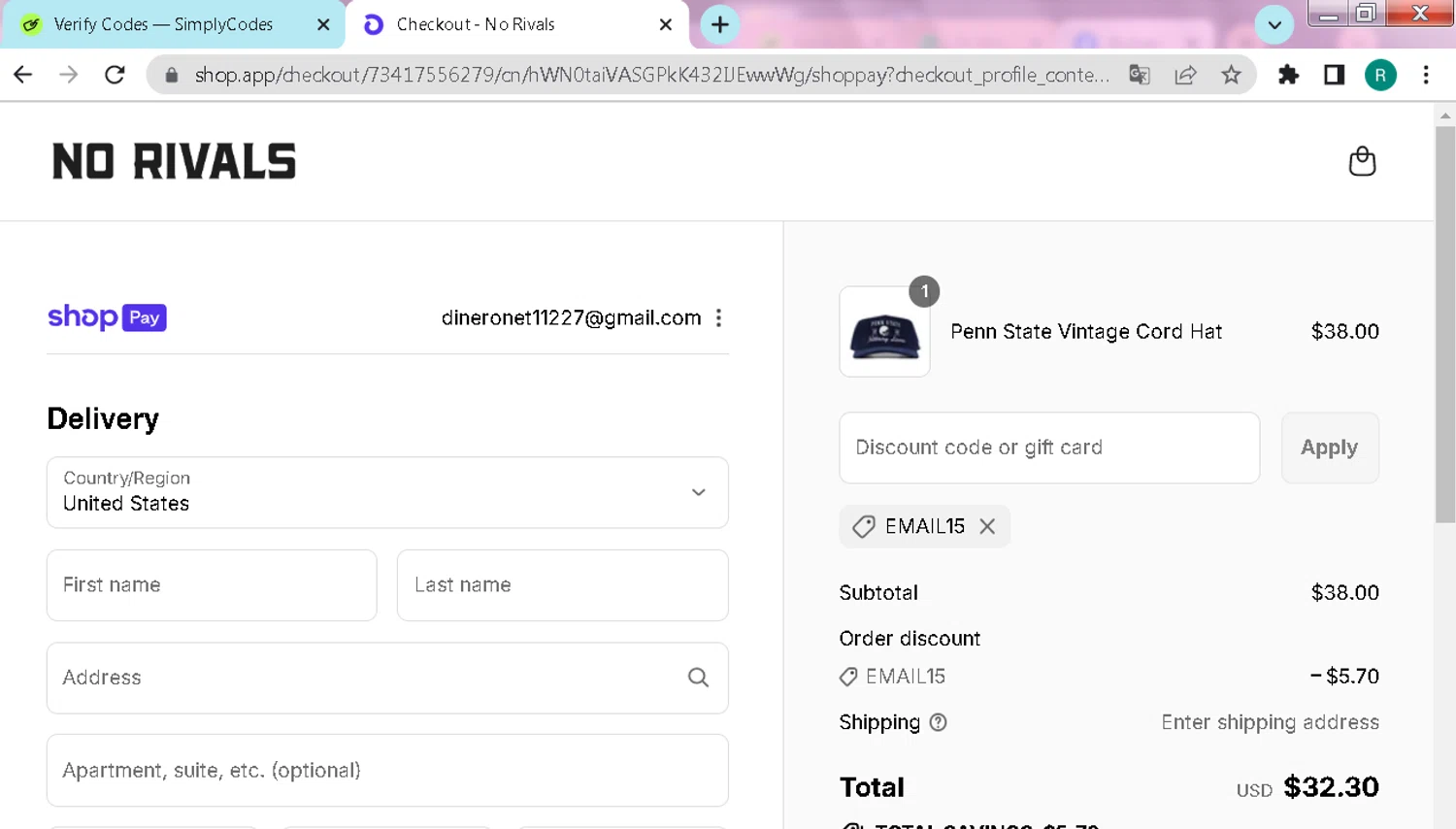 No Rivals discount code screenshot showing code EMAIL15 applied at No Rivals checkout page. Uploaded by SimplyCodes community member CouponHunter7130 on Jul 21, 2025