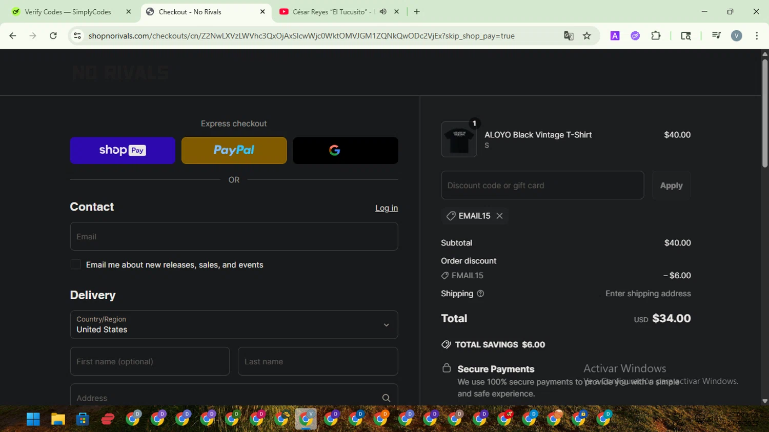 No Rivals discount code screenshot showing code EMAIL15 applied at No Rivals checkout page. Uploaded by SimplyCodes community member SwiftScout1619 on May 24, 2025