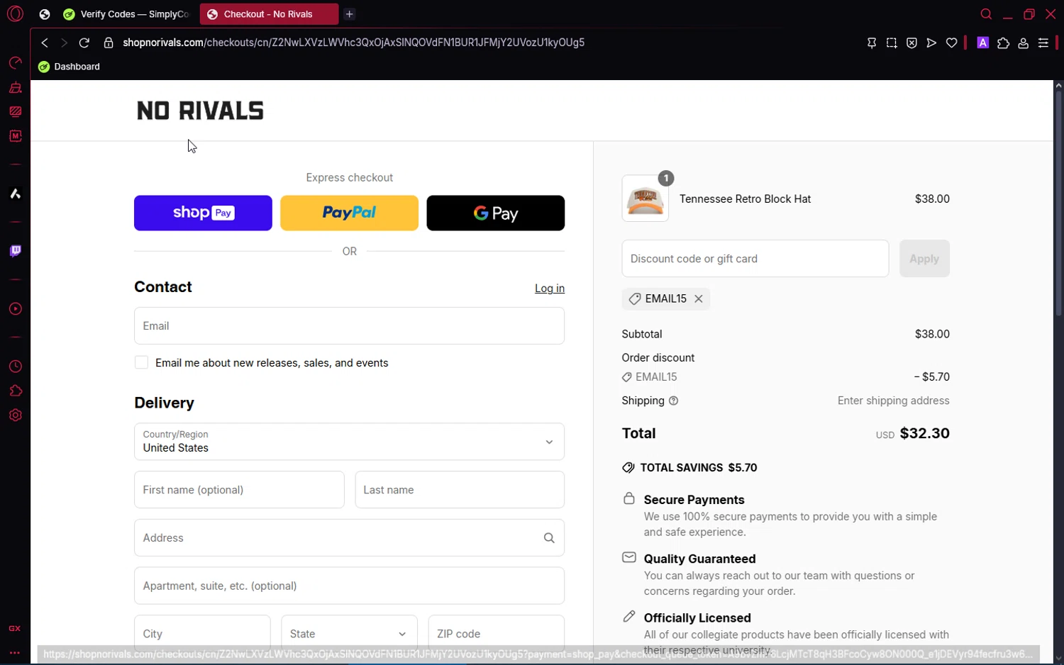 No Rivals discount code screenshot showing code EMAIL15 applied at No Rivals checkout page. Uploaded by SimplyCodes community member jakeperro on Apr 25, 2025