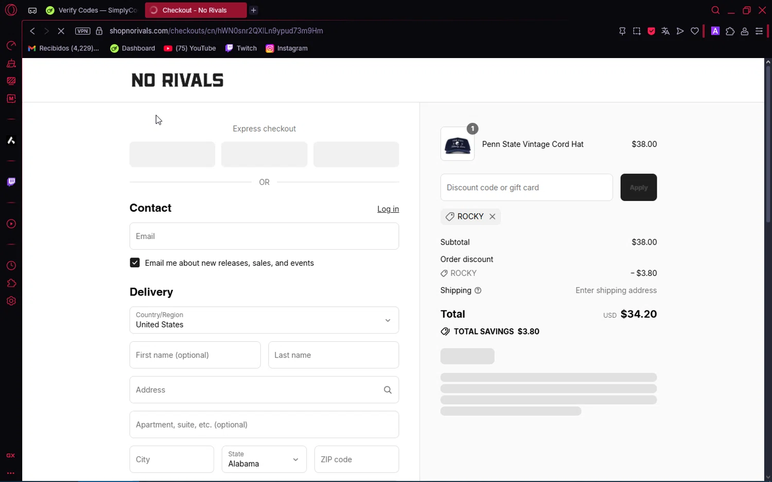 No Rivals discount code screenshot showing code ROCKY applied at No Rivals checkout page. Uploaded by SimplyCodes community member editor_1 on Jul 21, 2025