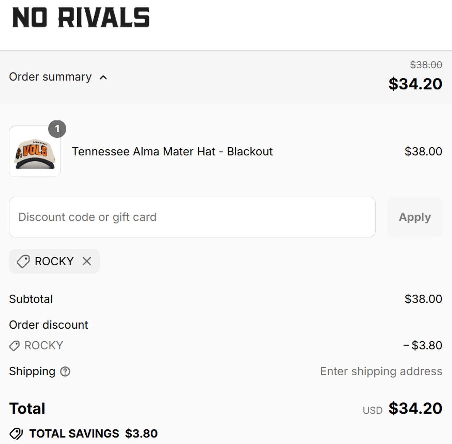 No Rivals discount code screenshot showing code ROCKY applied at No Rivals checkout page. Uploaded by SimplyCodes community member dragonjeffer_93a9 on Aug 19, 2025