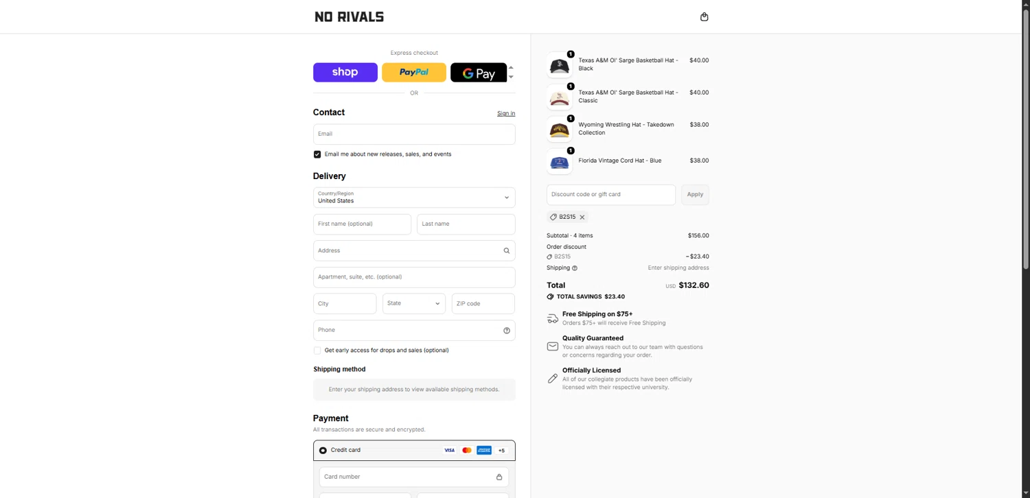 No Rivals checkout page showing No Rivals discount code box | Screenshot taken by SimplyCodes community member on Feb 22, 2026