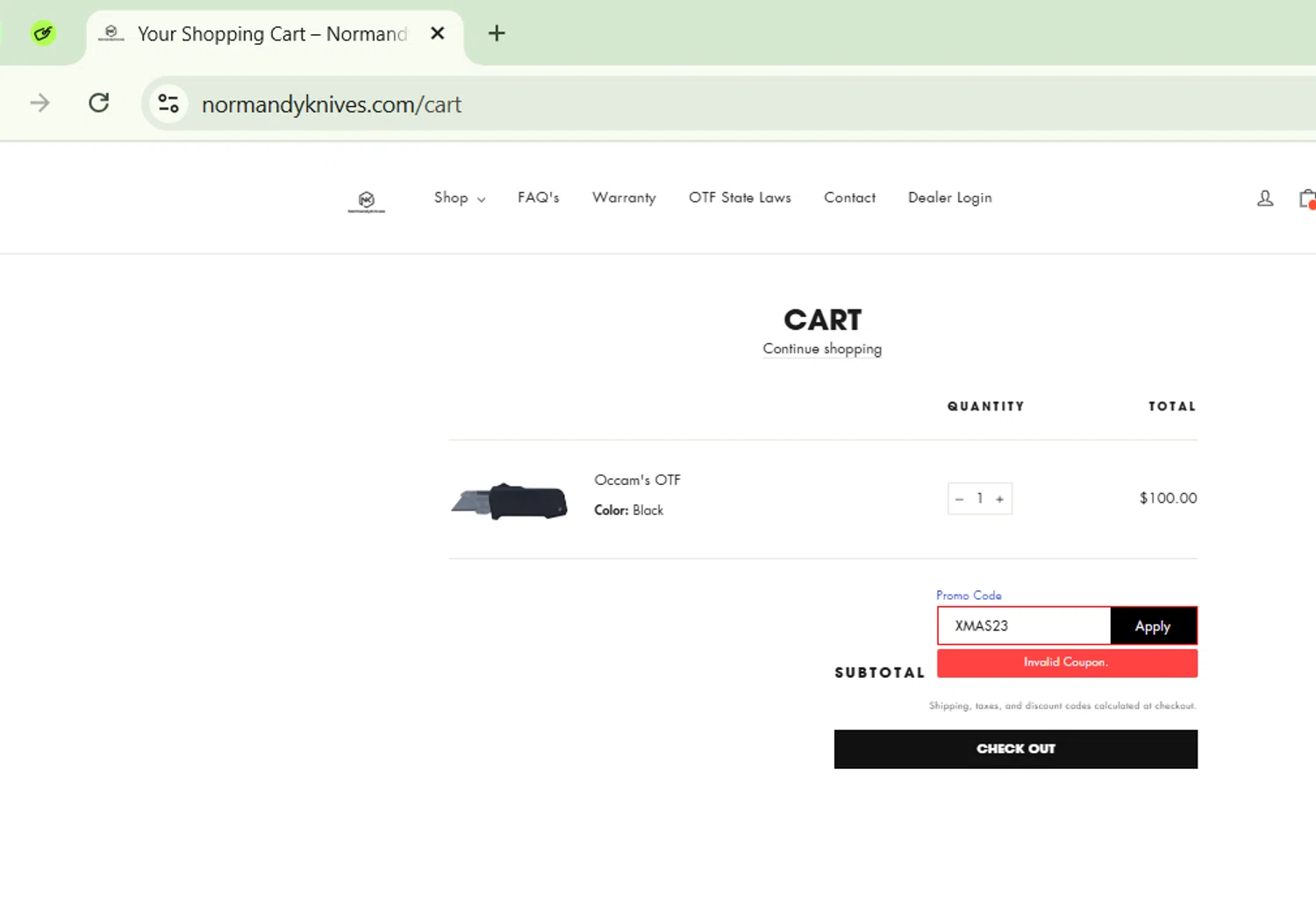 Normandy Knives promo code screenshot showing code xmas23 applied at Normandy Knives checkout page. Uploaded by SimplyCodes community member CodeVirtuoso1353 on Feb 14, 2025