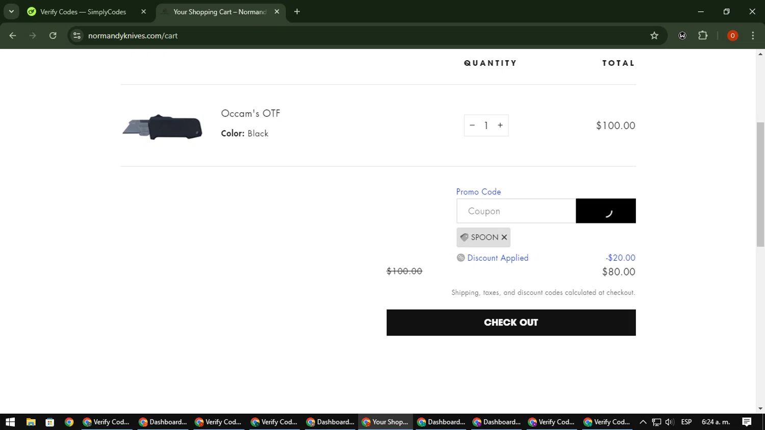 Normandy Knives promo code screenshot showing code SPOON applied at Normandy Knives checkout page. Uploaded by SimplyCodes community member CleverSpotter3730 on Feb 3, 2025