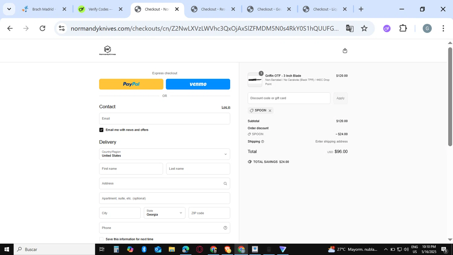 Normandy Knives promo code screenshot showing code SPOON applied at Normandy Knives checkout page. Uploaded by SimplyCodes community member guest_623525963 on May 17, 2025