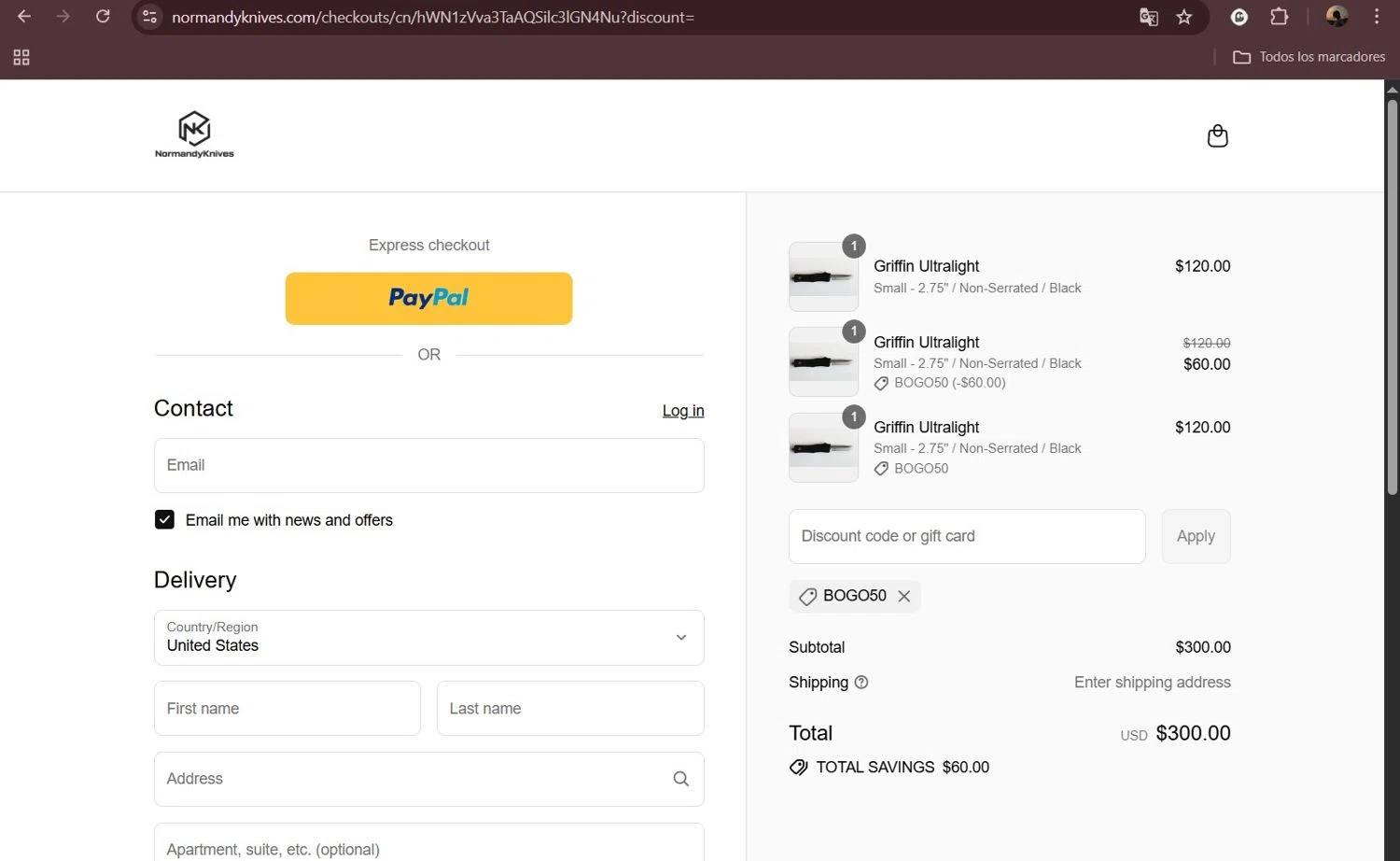 Normandy Knives promo code screenshot showing code bogo50 applied at Normandy Knives checkout page. Uploaded by SimplyCodes community member Milaya on Aug 19, 2025