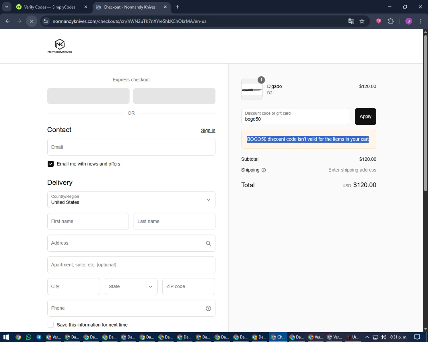 Normandy Knives promo code screenshot showing code bogo50 applied at Normandy Knives checkout page. Uploaded by SimplyCodes community member travisscott on Sep 13, 2025
