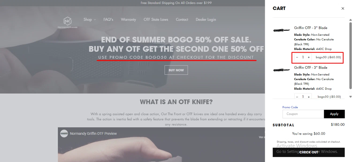 Normandy Knives promo code screenshot showing code bogo50 applied at Normandy Knives checkout page. Uploaded by SimplyCodes community member anosesmith on Aug 19, 2025