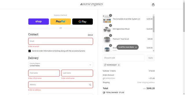 Norse Organics checkout page showing Norse Organics discount code box | Screenshot taken by SimplyCodes community member on Sep 13, 2025