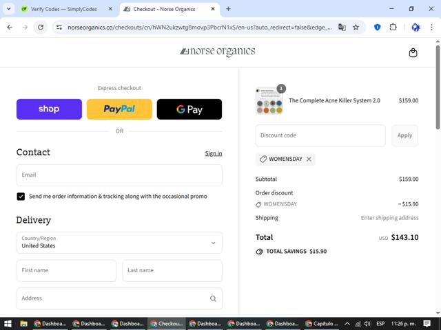 Norse Organics checkout page showing Norse Organics discount code box | Screenshot taken by SimplyCodes community member on Sep 13, 2025