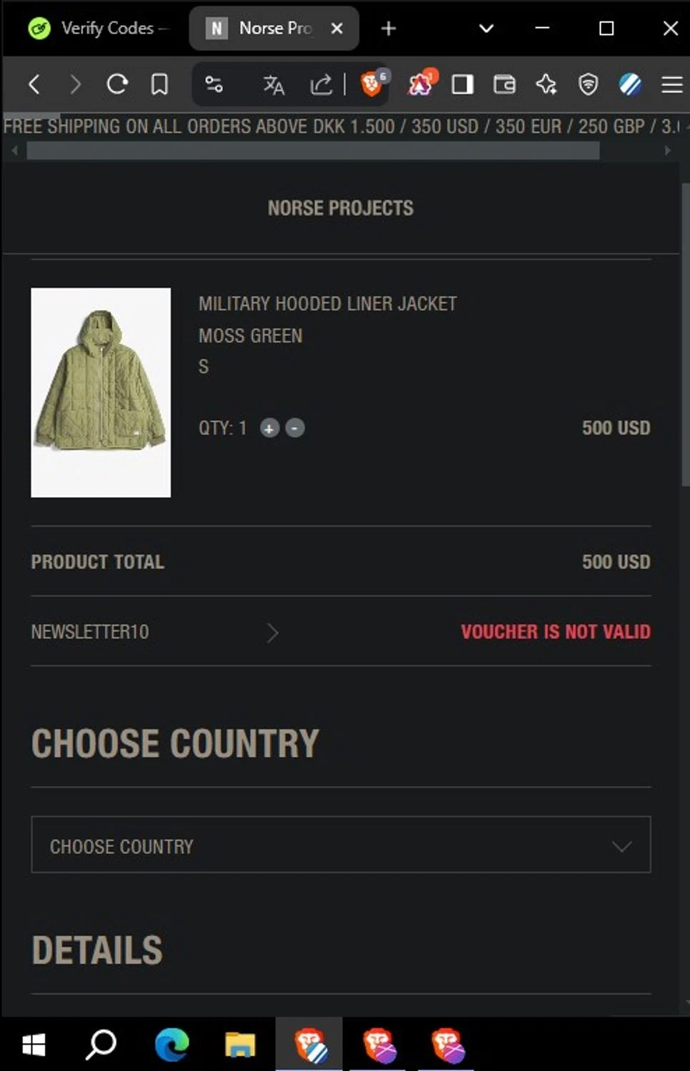 Norse Projects promo code screenshot showing code NEWSLETTER10 applied at Norse Projects checkout page. Uploaded by SimplyCodes community member Yoseff on Mar 2, 2025