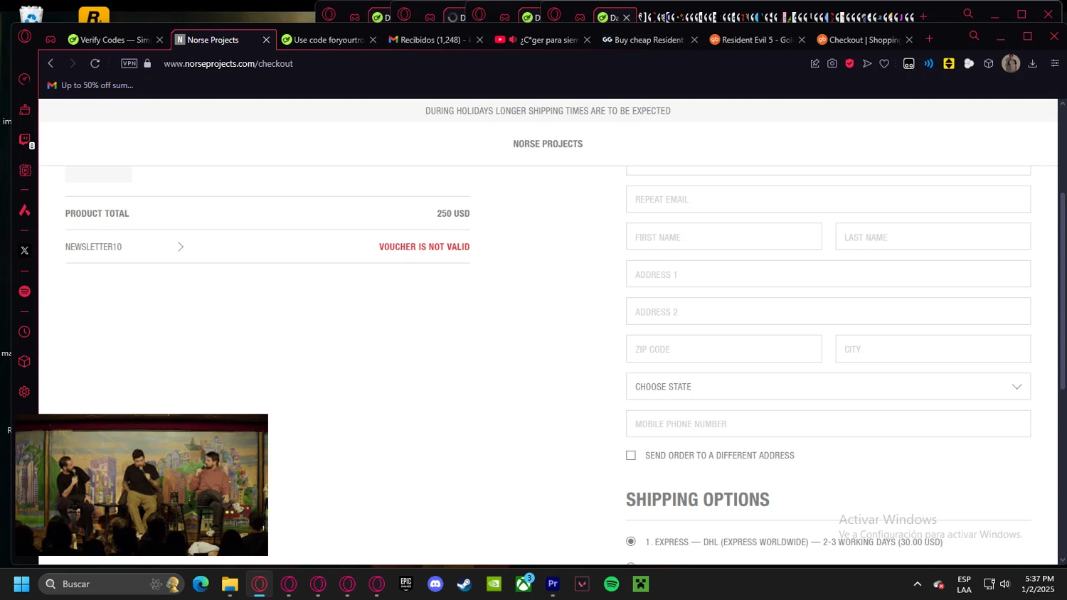 Norse Projects promo code screenshot showing code NEWSLETTER10 applied at Norse Projects checkout page. Uploaded by SimplyCodes community member kurcovein on Jan 2, 2025
