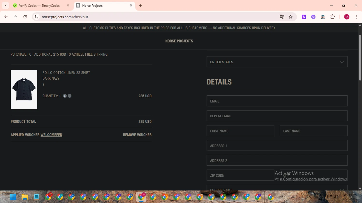 Norse Projects promo code screenshot showing code WELCOMEFEB applied at Norse Projects checkout page. Uploaded by SimplyCodes community member EpicSaver9948 on Jul 17, 2025