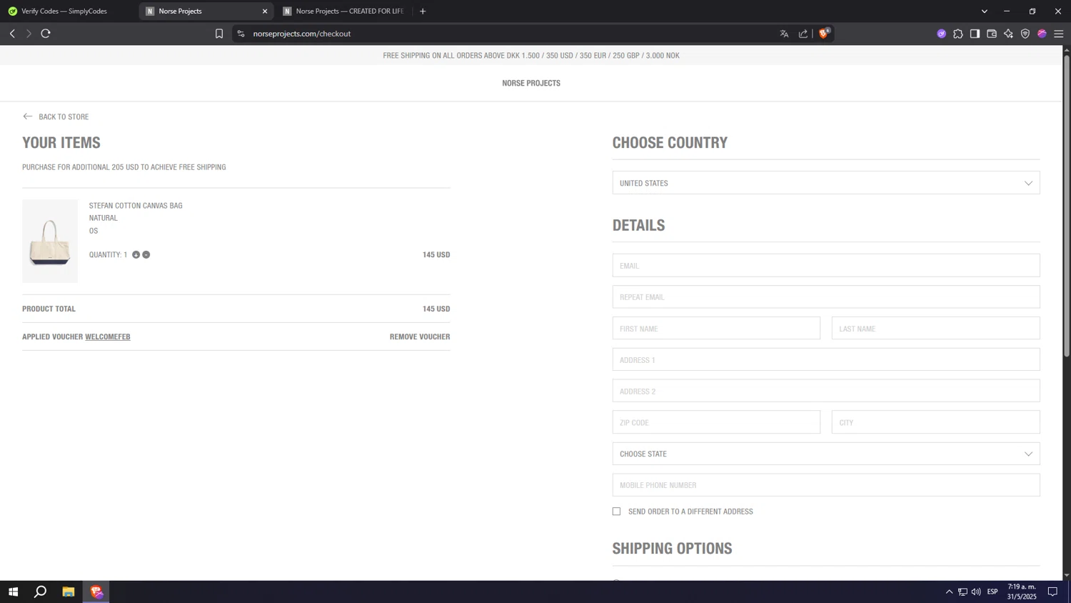 Norse Projects promo code screenshot showing code WELCOMEFEB applied at Norse Projects checkout page. Uploaded by SimplyCodes community member Machi005 on May 31, 2025