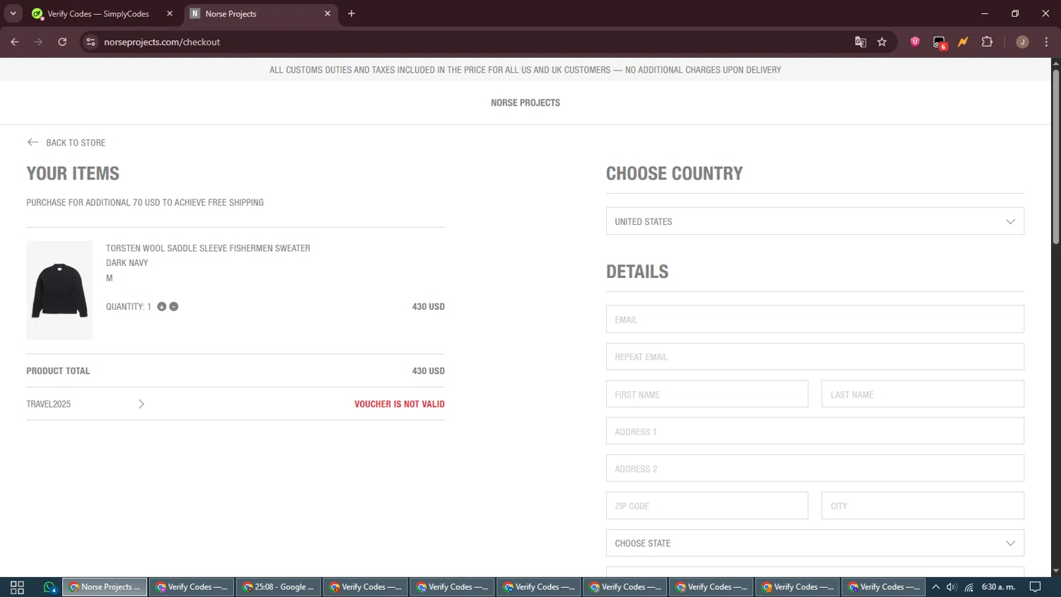 Norse Projects promo code screenshot showing code TRAVEL2025 applied at Norse Projects checkout page. Uploaded by SimplyCodes community member ShrewdAdmiral5920 on Nov 26, 2025