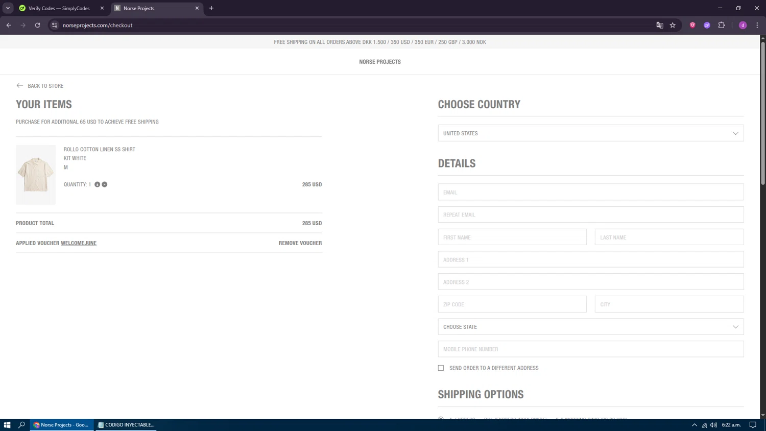 Norse Projects promo code screenshot showing code WELCOMEJUNE applied at Norse Projects checkout page. Uploaded by SimplyCodes community member LuckyFalcon7333 on Jun 13, 2025