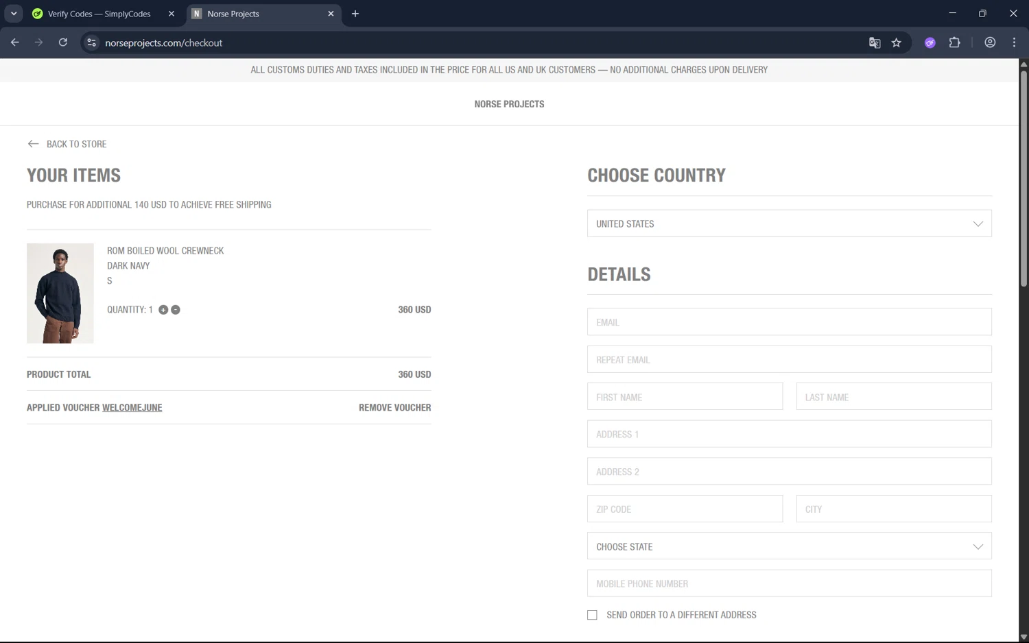 Norse Projects promo code screenshot showing code WELCOMEJUNE applied at Norse Projects checkout page. Uploaded by SimplyCodes community member juan1702 on Aug 10, 2025