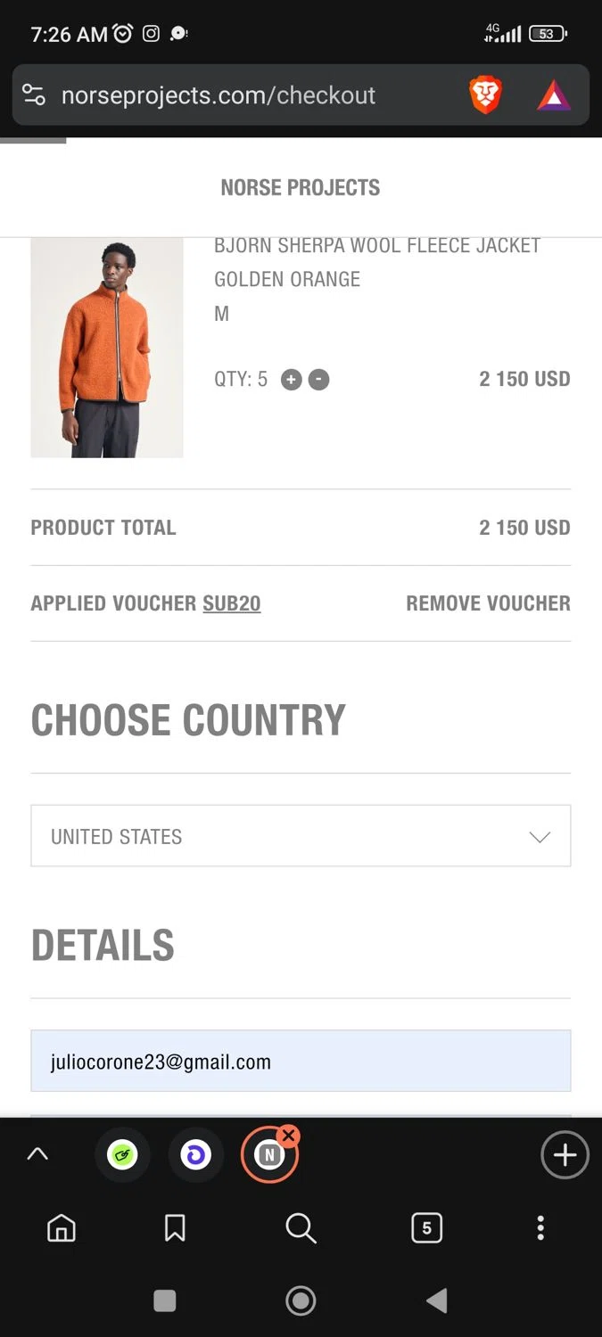 Norse Projects promo code screenshot showing code Sub20 applied at Norse Projects checkout page. Uploaded by SimplyCodes community member BargainPioneer8286 on Nov 29, 2025