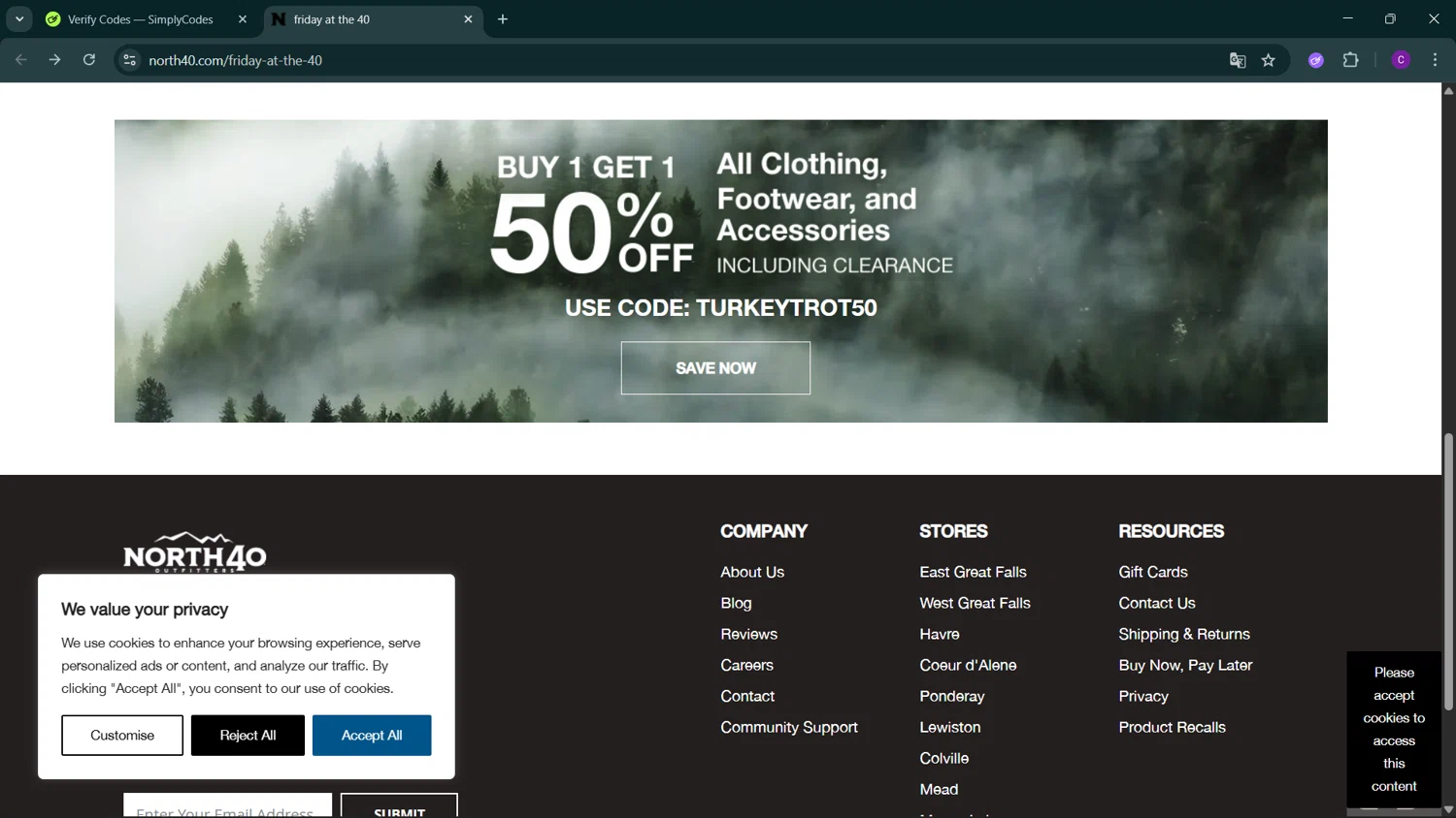North 40 Outfitters promo code screenshot showing code TURKEYTROT50 applied at North 40 Outfitters checkout page. Uploaded by SimplyCodes community member GoldSeeker3096 on Jan 31, 2026