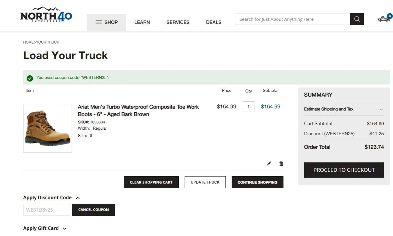 North 40 Outfitters discount code screenshot showing code WESTERN25 applied at North 40 Outfitters checkout page. Uploaded by SimplyCodes community member stygian1 on May 9, 2025