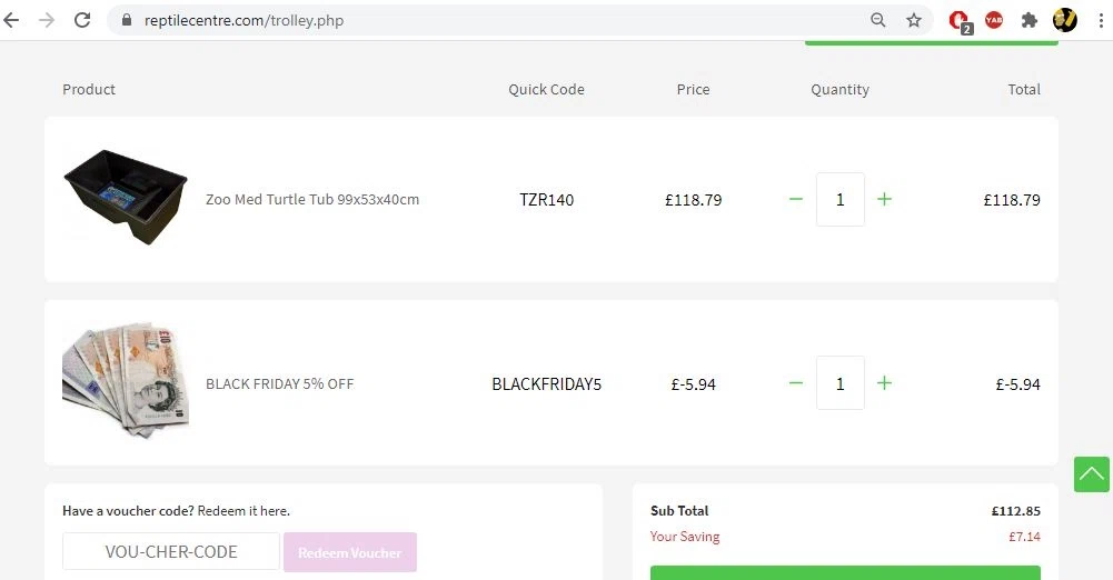 Northampton Reptile Centre checkout page showing Northampton Reptile Centre discount code box | Screenshot taken by SimplyCodes community member on Nov 27, 2020