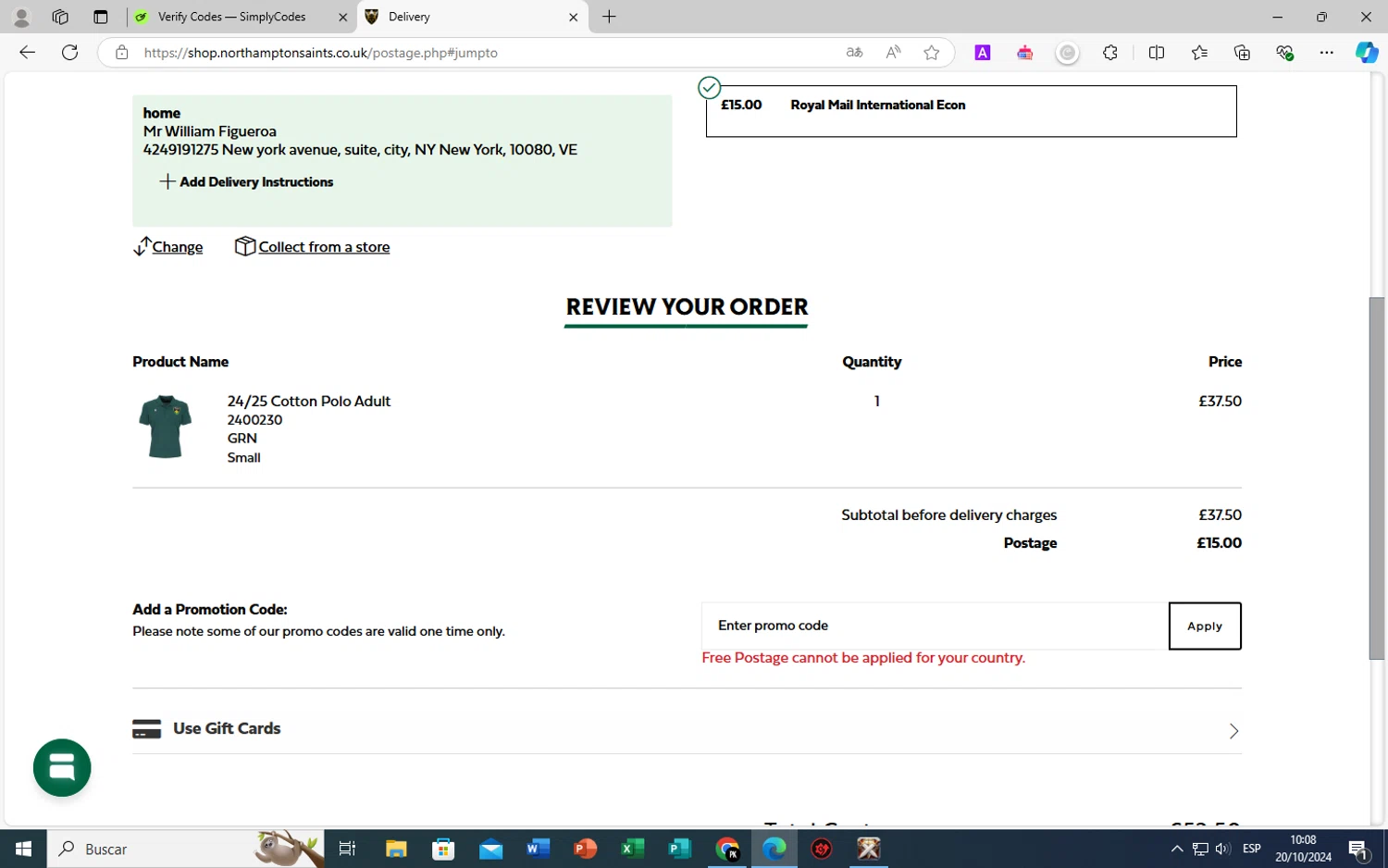 Northampton Saints checkout page showing Northampton Saints discount code box | Screenshot taken by SimplyCodes community member on Oct 20, 2024