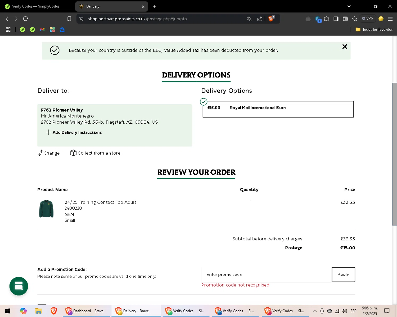 Northampton Saints discount code screenshot showing code SHIPITFREE applied at Northampton Saints checkout page. Uploaded by SimplyCodes community member SaleOwl2150 on Feb 2, 2025